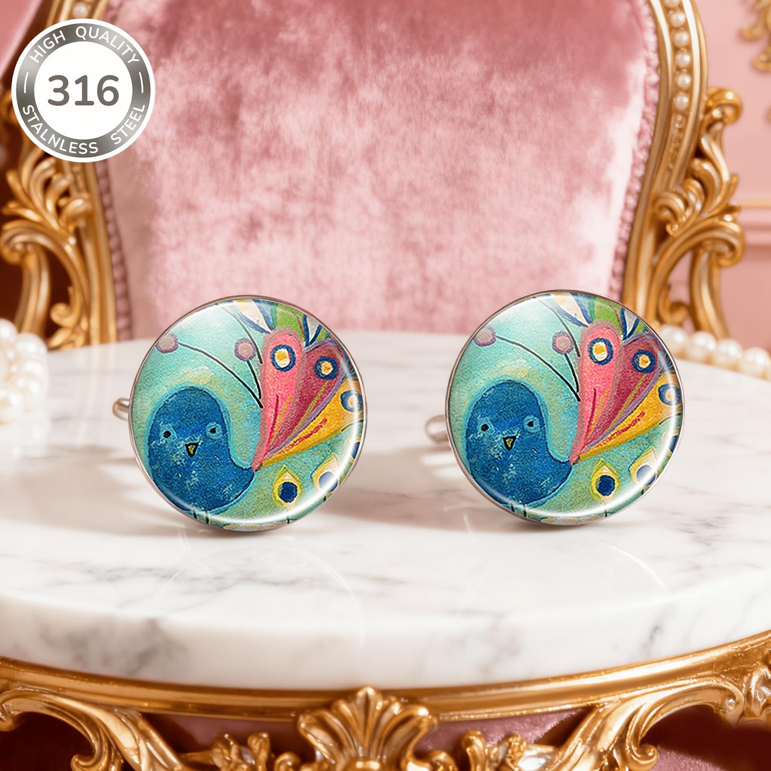 2pcs Set Colorful Blue Bird & Pink Abstract Pattern Earrings
